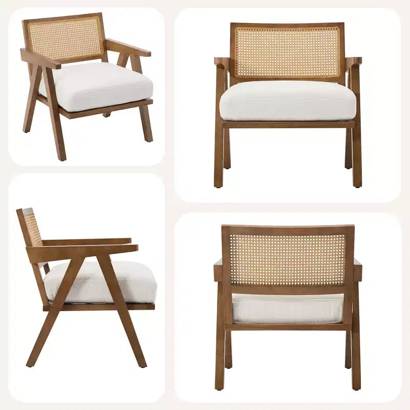 Mid-Century Farmhouse Accent Chair - Wood Armchair with Rattan Backrest & Linen Cushion for Living Room, Bedroom