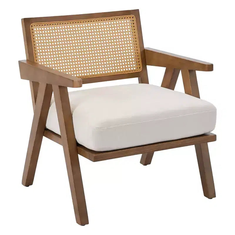 Mid-Century Farmhouse Accent Chair - Wood Armchair with Rattan Backrest & Linen Cushion for Living Room, Bedroom