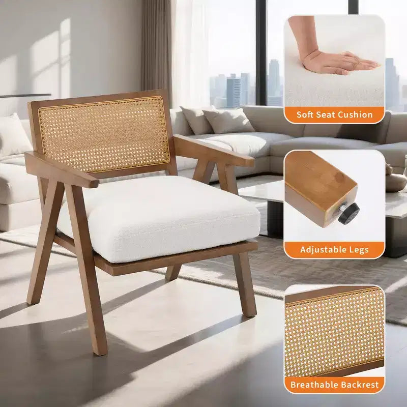 Mid-Century Farmhouse Accent Chair - Wood Armchair with Rattan Backrest & Linen Cushion for Living Room, Bedroom