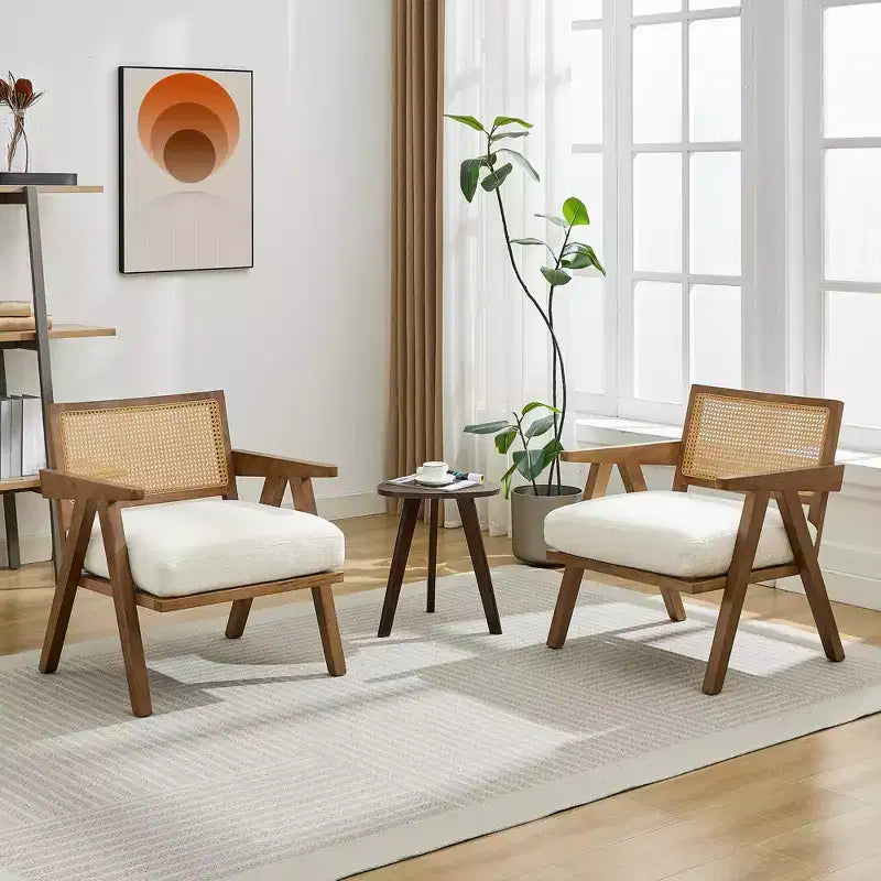 Mid-Century Farmhouse Accent Chair - Wood Armchair with Rattan Backrest & Linen Cushion for Living Room, Bedroom