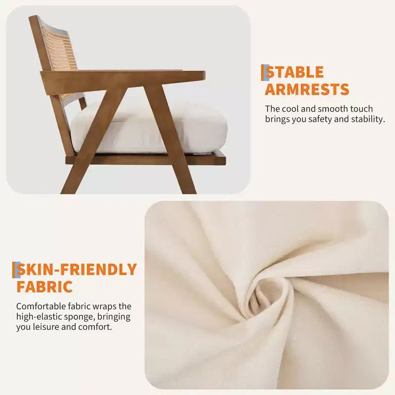 Mid-Century Farmhouse Accent Chair - Wood Armchair with Rattan Backrest & Linen Cushion for Living Room, Bedroom