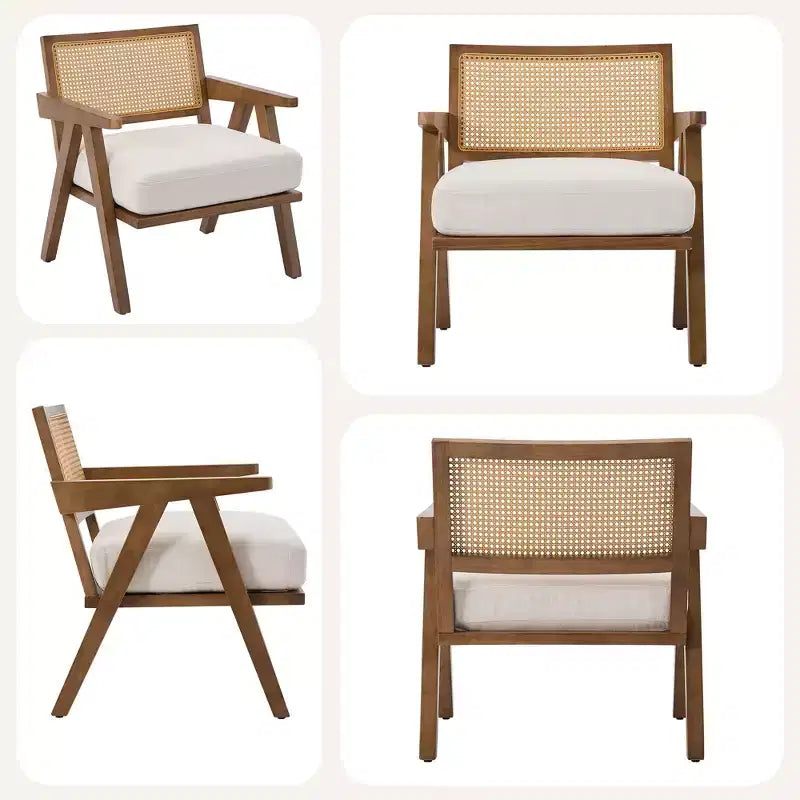 Mid-Century Farmhouse Accent Chair - Wood Armchair with Rattan Backrest & Linen Cushion for Living Room, Bedroom