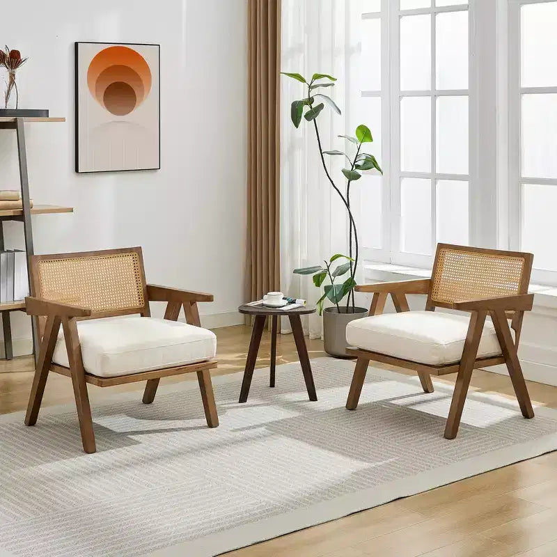 Mid-Century Farmhouse Accent Chair - Wood Armchair with Rattan Backrest & Linen Cushion for Living Room, Bedroom