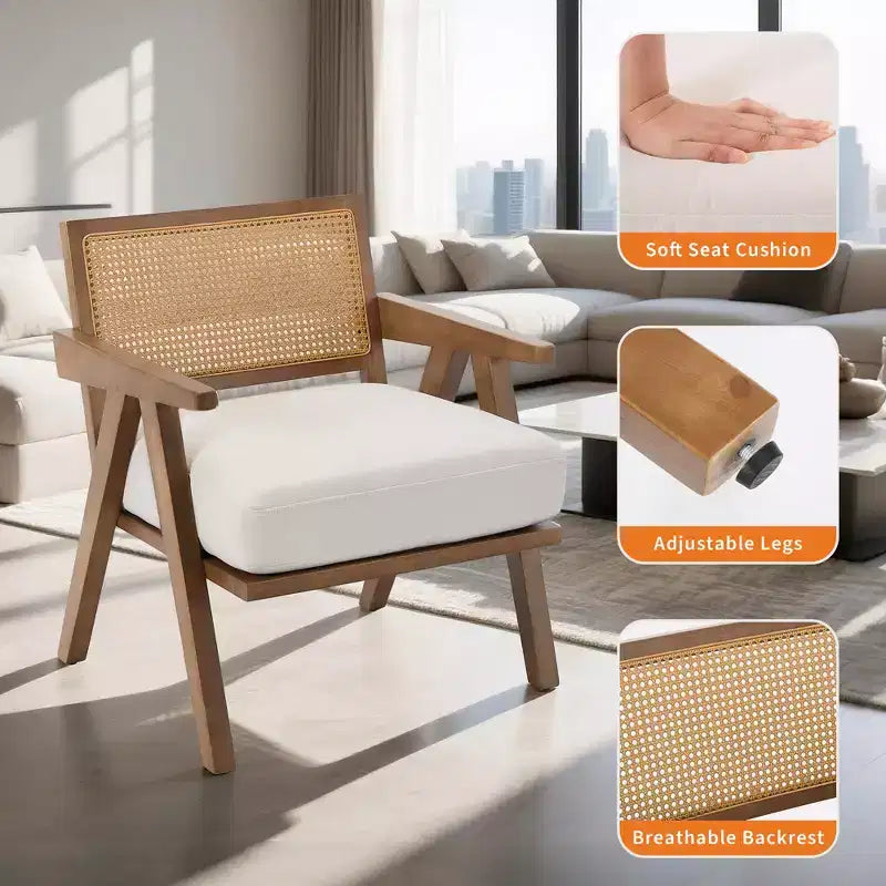 Mid-Century Farmhouse Accent Chair - Wood Armchair with Rattan Backrest & Linen Cushion for Living Room, Bedroom