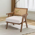 Mid-Century Farmhouse Accent Chair - Wood Armchair with Rattan Backrest & Linen Cushion for Living Room, Bedroom