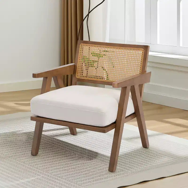 Mid-Century Farmhouse Accent Chair - Wood Armchair with Rattan Backrest & Linen Cushion for Living Room, Bedroom