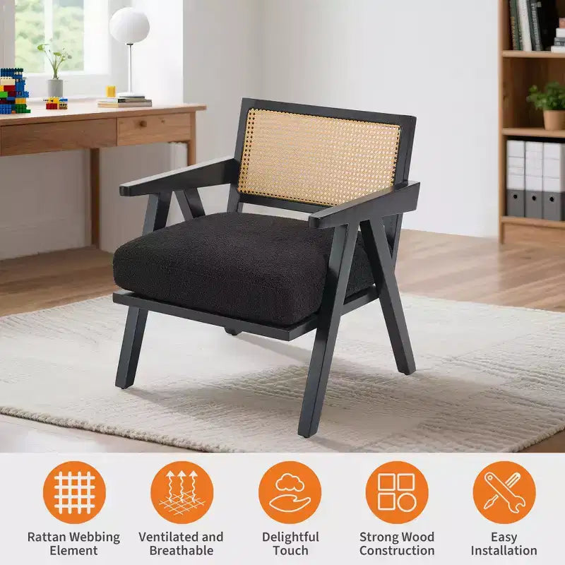 Mid-Century Farmhouse Accent Chair - Wood Armchair with Rattan Backrest & Linen Cushion for Living Room, Bedroom