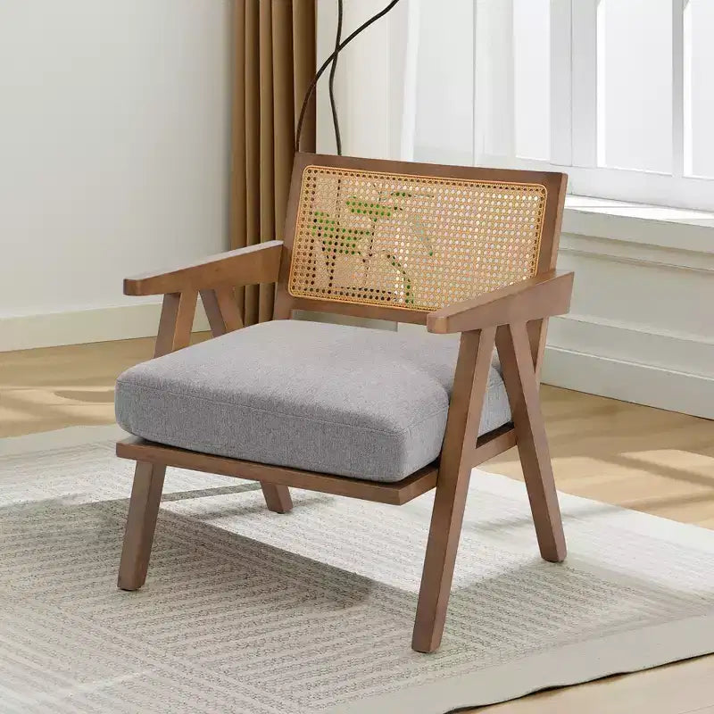 Mid-Century Farmhouse Accent Chair - Wood Armchair with Rattan Backrest & Linen Cushion for Living Room, Bedroom