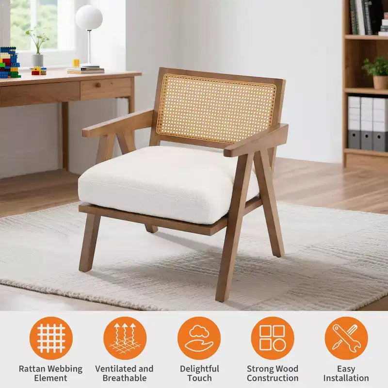 Mid-Century Farmhouse Accent Chair - Wood Armchair with Rattan Backrest & Linen Cushion for Living Room, Bedroom
