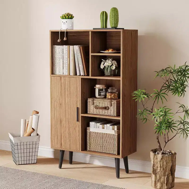 4 Tier Mid-Century Small Bookcase with Legs, Freestanding Wood Short Bookshelf with Door, Multi-Functional Walnut Cube Storage Organizer