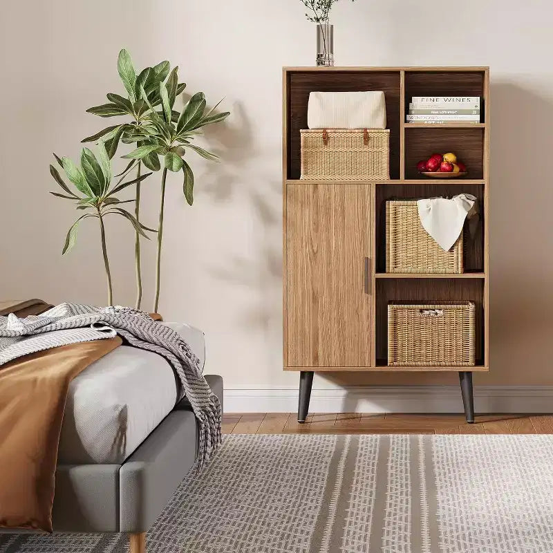 4 Tier Mid-Century Small Bookcase with Legs, Freestanding Wood Short Bookshelf with Door, Multi-Functional Walnut Cube Storage Organizer