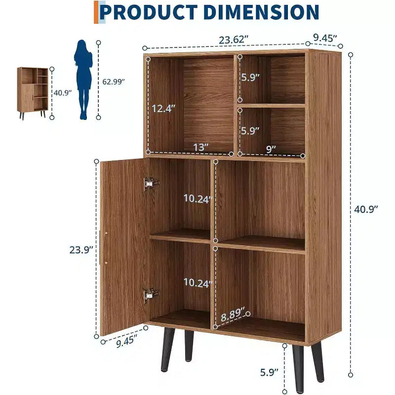 4 Tier Mid-Century Small Bookcase with Legs, Freestanding Wood Short Bookshelf with Door, Multi-Functional Walnut Cube Storage Organizer