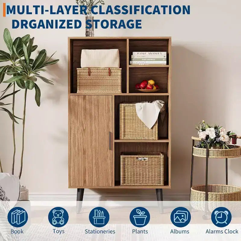 4 Tier Mid-Century Small Bookcase with Legs, Freestanding Wood Short Bookshelf with Door, Multi-Functional Walnut Cube Storage Organizer