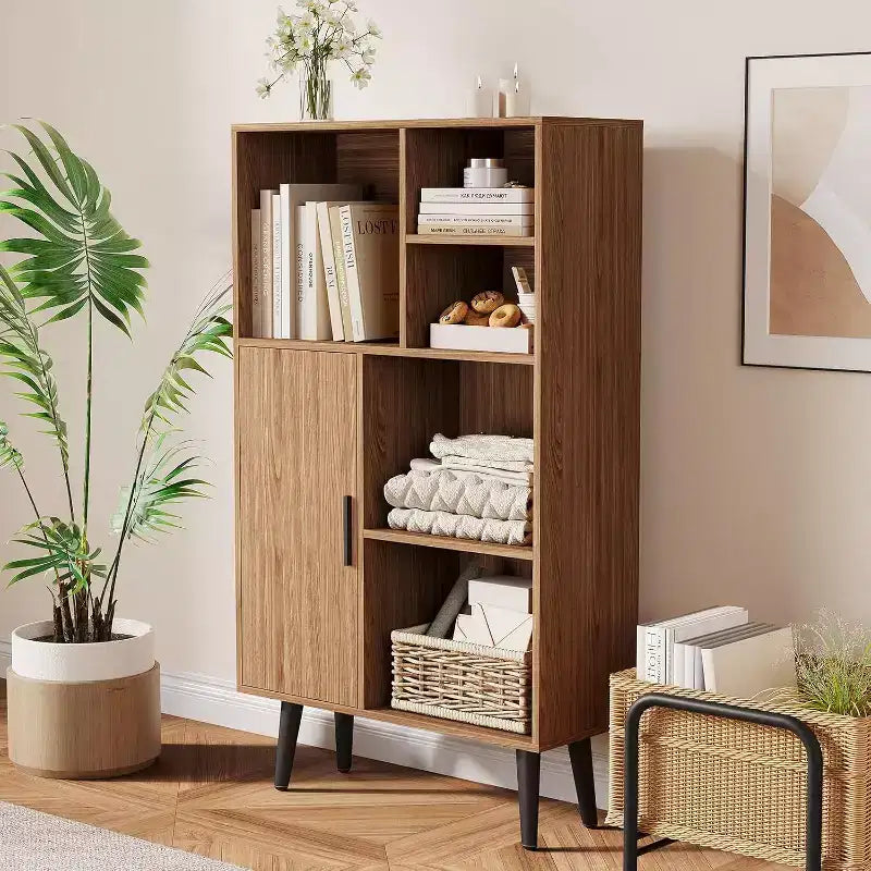 4 Tier Mid-Century Small Bookcase with Legs, Freestanding Wood Short Bookshelf with Door, Multi-Functional Walnut Cube Storage Organizer