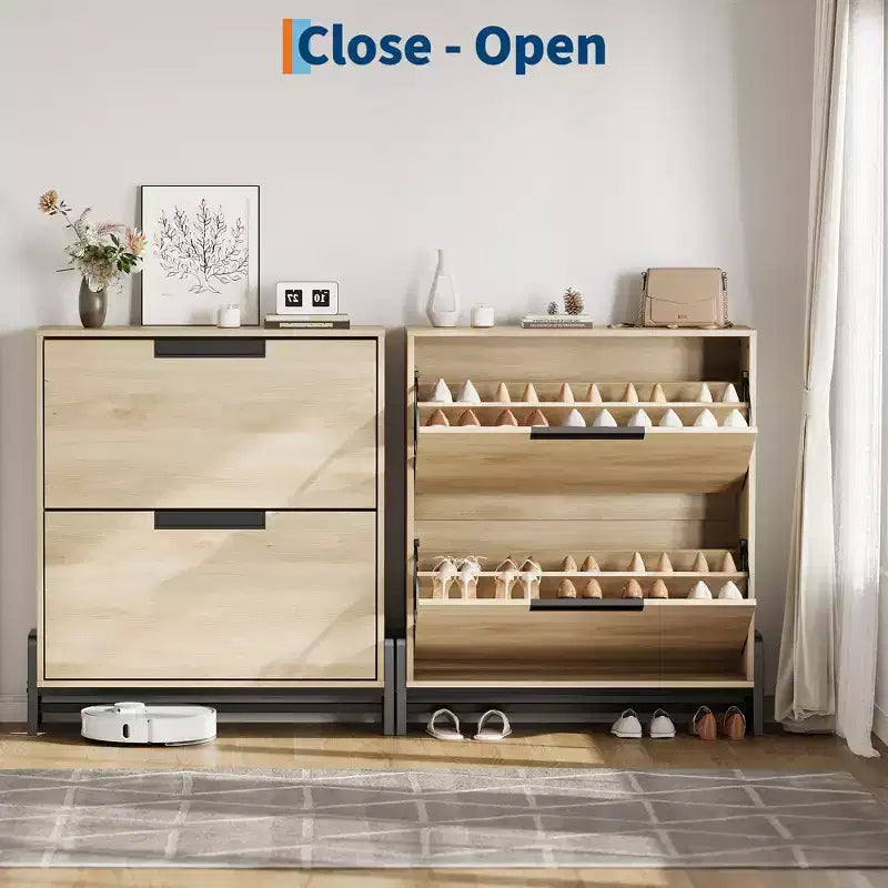 Shoe Storage Cabinet with 2 Flip Drawers - with Metal Legs, Adjustable Shelf, Narrow Shoe Rack Organizer for Entryway, Foyer, Hallway, Living Room