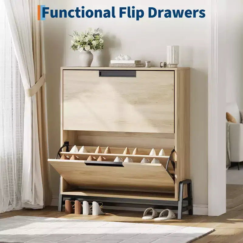 Shoe Storage Cabinet with 2 Flip Drawers - with Metal Legs, Adjustable Shelf, Narrow Shoe Rack Organizer for Entryway, Foyer, Hallway, Living Room