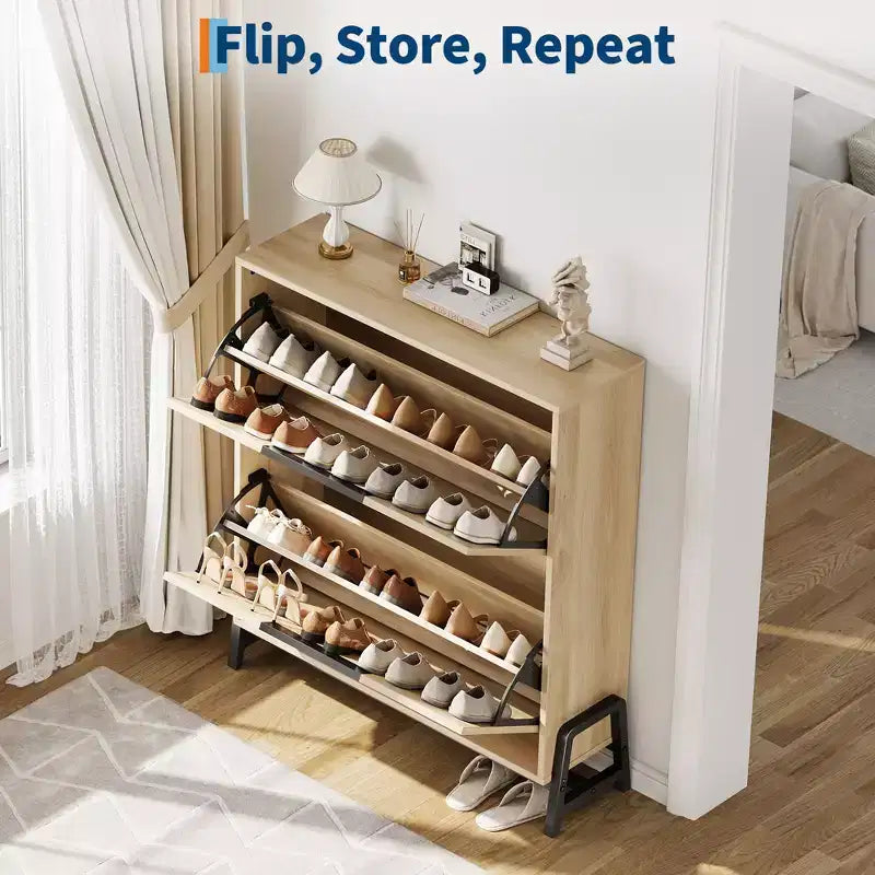 Shoe Storage Cabinet with 2 Flip Drawers - with Metal Legs, Adjustable Shelf, Narrow Shoe Rack Organizer for Entryway, Foyer, Hallway, Living Room