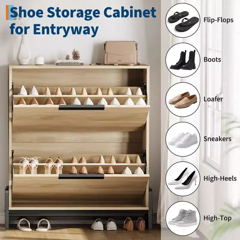 Shoe Storage Cabinet with 2 Flip Drawers - with Metal Legs, Adjustable Shelf, Narrow Shoe Rack Organizer for Entryway, Foyer, Hallway, Living Room
