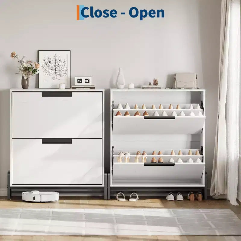 Shoe Storage Cabinet with 2 Flip Drawers - with Metal Legs, Adjustable Shelf, Narrow Shoe Rack Organizer for Entryway, Foyer, Hallway, Living Room