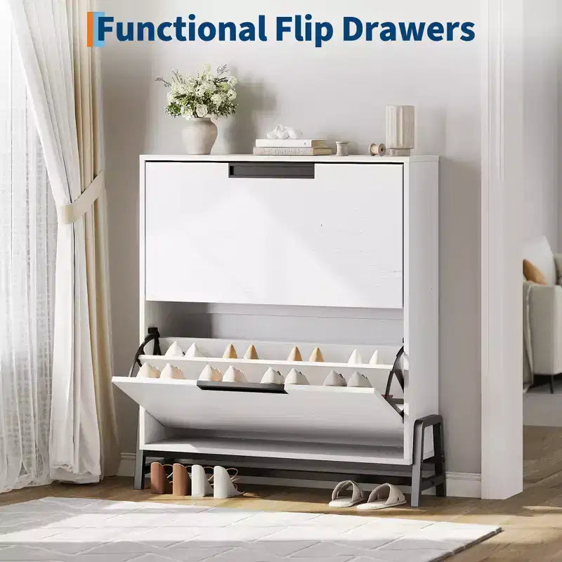 Shoe Storage Cabinet with 2 Flip Drawers - with Metal Legs, Adjustable Shelf, Narrow Shoe Rack Organizer for Entryway, Foyer, Hallway, Living Room