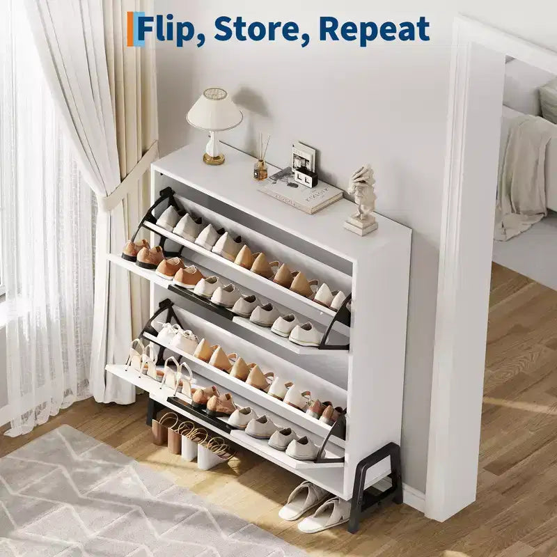 Shoe Storage Cabinet with 2 Flip Drawers - with Metal Legs, Adjustable Shelf, Narrow Shoe Rack Organizer for Entryway, Foyer, Hallway, Living Room