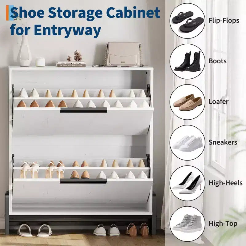 Shoe Storage Cabinet with 2 Flip Drawers - with Metal Legs, Adjustable Shelf, Narrow Shoe Rack Organizer for Entryway, Foyer, Hallway, Living Room