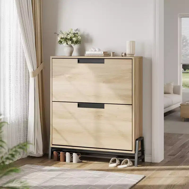 Shoe Storage Cabinet with 2 Flip Drawers - with Metal Legs, Adjustable Shelf, Narrow Shoe Rack Organizer for Entryway, Foyer, Hallway, Living Room