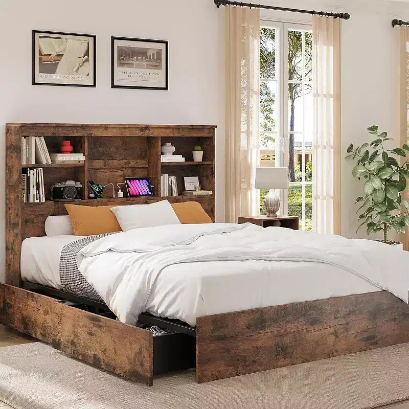 Acekool Vintage Storage Bed - Bookcase Headboard & 4 Drawers