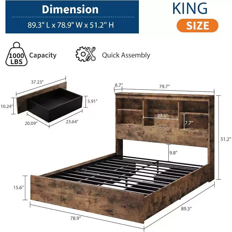 Vintage Storage Bed - Bookcase Headboard & 4 Drawers