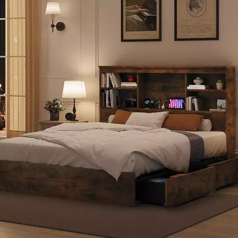 Vintage Storage Bed - Bookcase Headboard & 4 Drawers