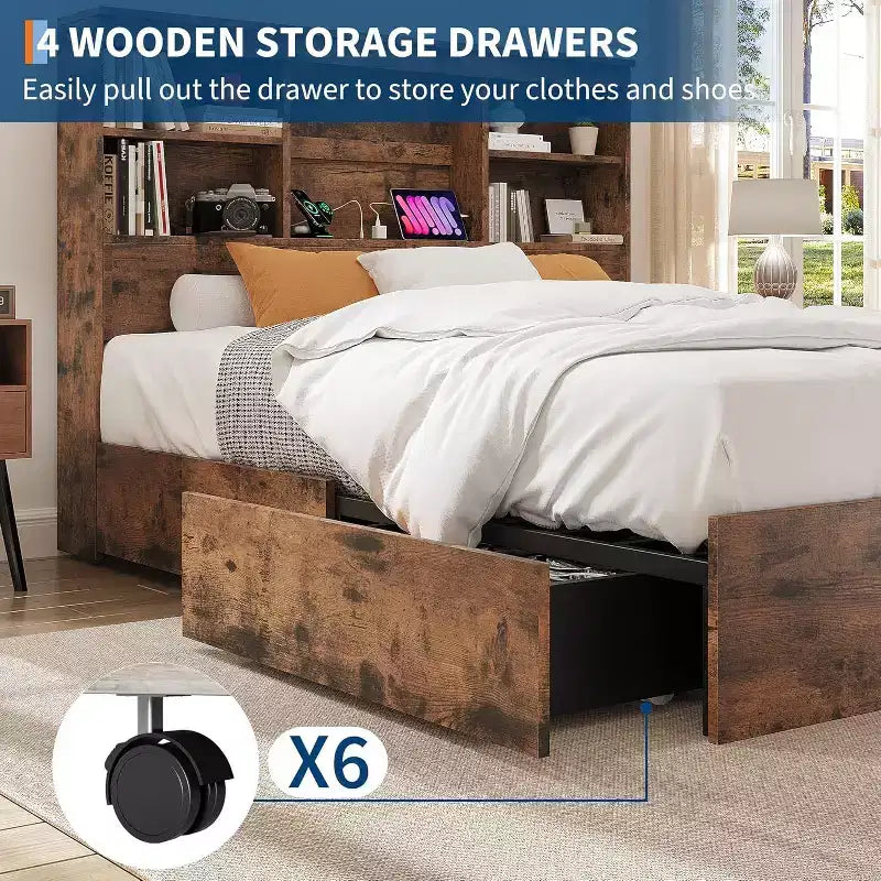 Vintage Storage Bed - Bookcase Headboard & 4 Drawers