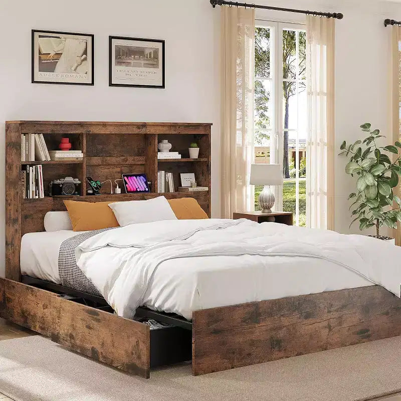 Vintage Storage Bed - Bookcase Headboard & 4 Drawers