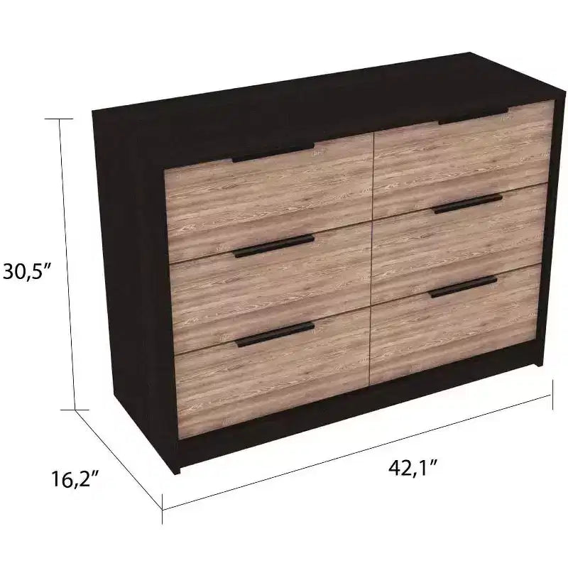 Modern 6-Drawer Dresser 2-Tone Storage with 4 Full-Extension Drawers & 2 Pull-Down Cabinets, Rectangle Bedroom Organizer