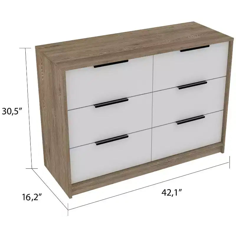 Modern 6-Drawer Dresser 2-Tone Storage with 4 Full-Extension Drawers & 2 Pull-Down Cabinets, Rectangle Bedroom Organizer