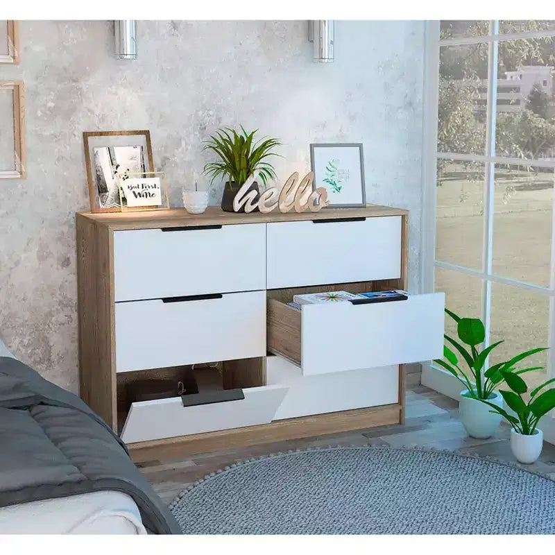 Modern 6-Drawer Dresser 2-Tone Storage with 4 Full-Extension Drawers & 2 Pull-Down Cabinets, Rectangle Bedroom Organizer