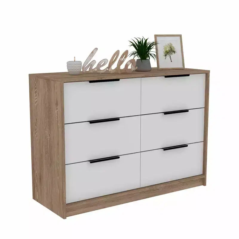 Modern 6-Drawer Dresser 2-Tone Storage with 4 Full-Extension Drawers & 2 Pull-Down Cabinets, Rectangle Bedroom Organizer