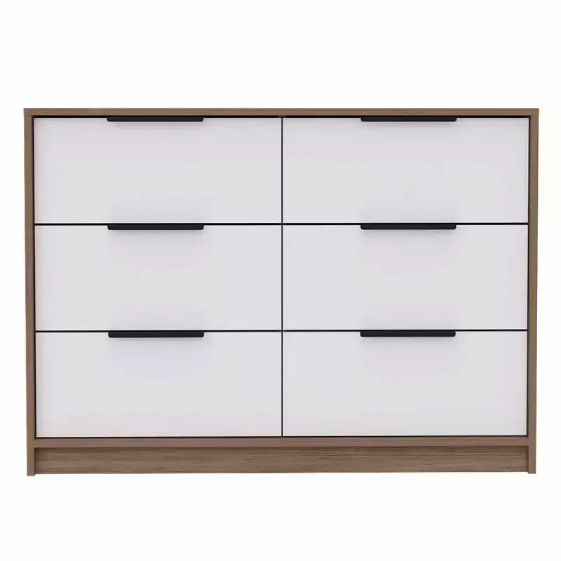 Modern 6-Drawer Dresser 2-Tone Storage with 4 Full-Extension Drawers & 2 Pull-Down Cabinets, Rectangle Bedroom Organizer