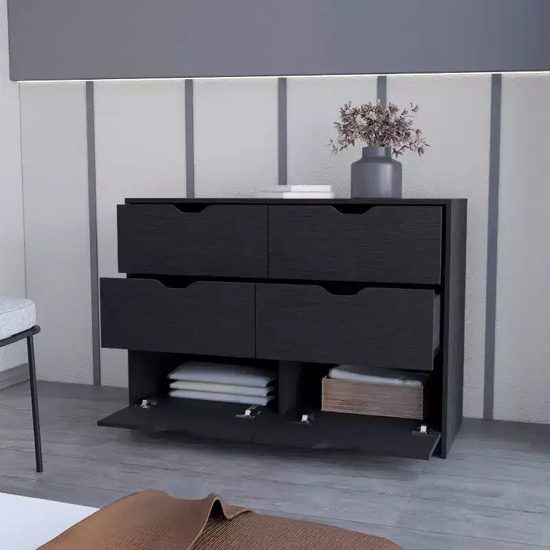 Modern 6-Drawer Dresser 2-Tone Storage with 4 Full-Extension Drawers & 2 Pull-Down Cabinets, Rectangle Bedroom Organizer