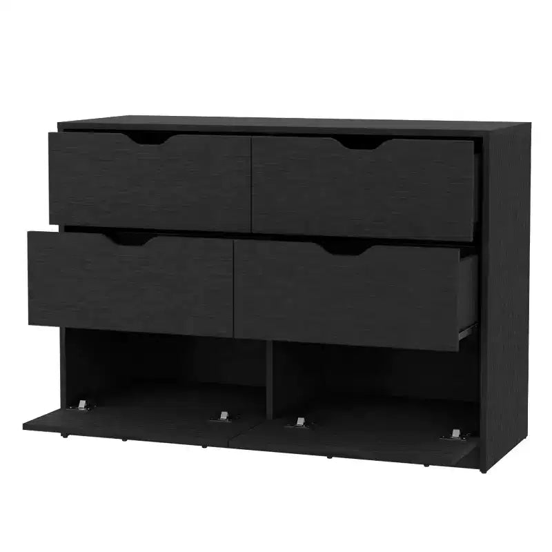 Modern 6-Drawer Dresser 2-Tone Storage with 4 Full-Extension Drawers & 2 Pull-Down Cabinets, Rectangle Bedroom Organizer
