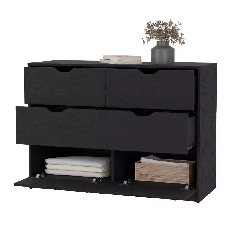 Modern 6-Drawer Dresser 2-Tone Storage with 4 Full-Extension Drawers & 2 Pull-Down Cabinets, Rectangle Bedroom Organizer