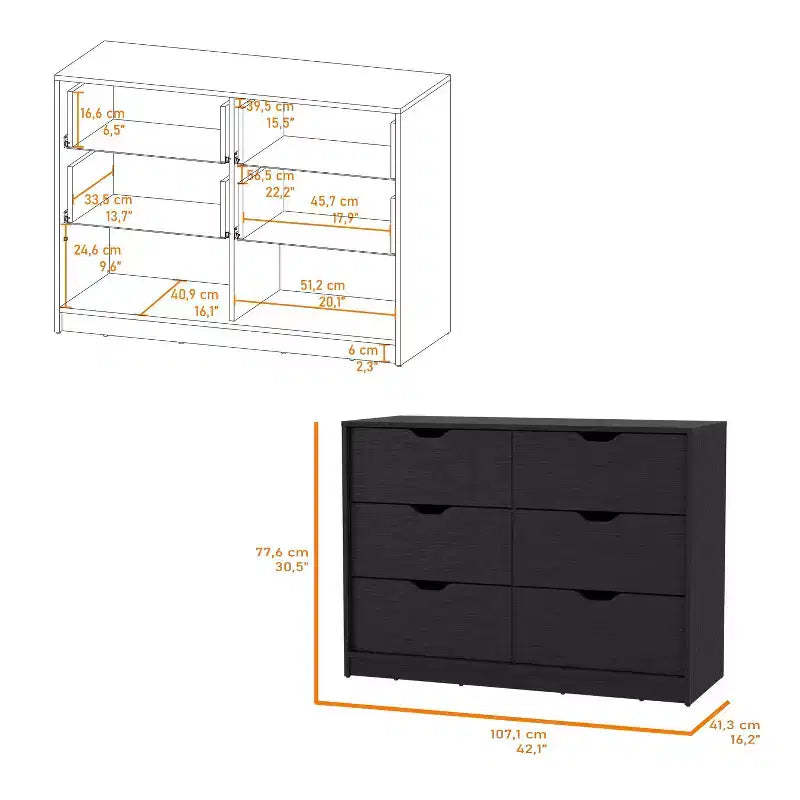 Modern 6-Drawer Dresser 2-Tone Storage with 4 Full-Extension Drawers & 2 Pull-Down Cabinets, Rectangle Bedroom Organizer