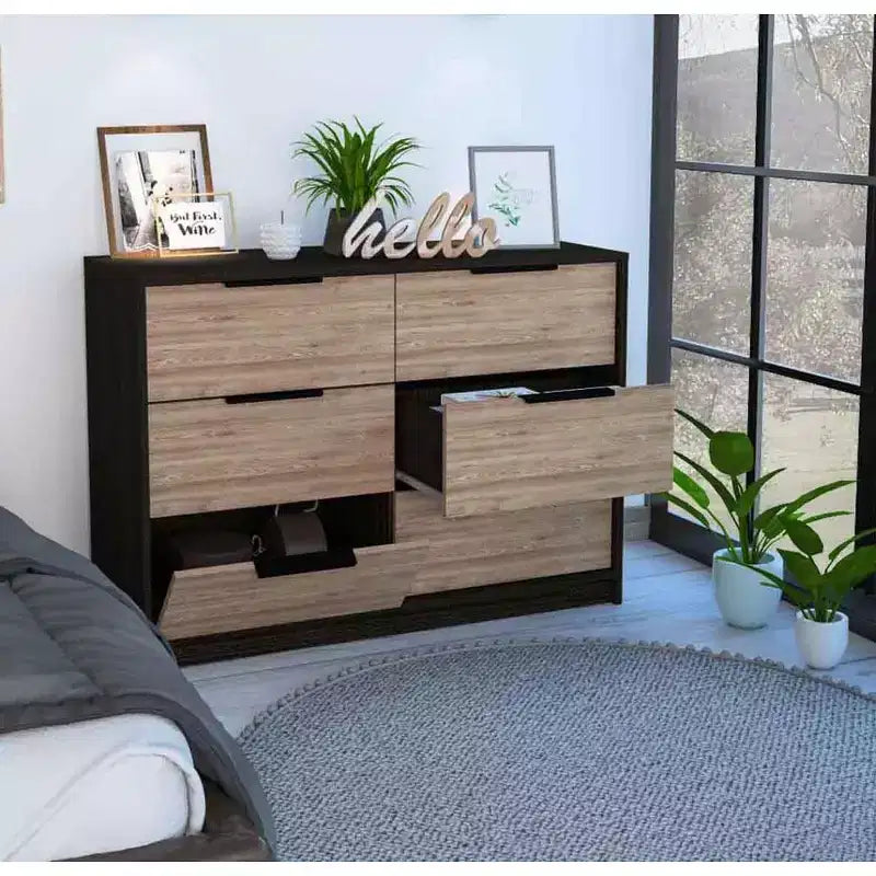 Modern 6-Drawer Dresser 2-Tone Storage with 4 Full-Extension Drawers & 2 Pull-Down Cabinets, Rectangle Bedroom Organizer