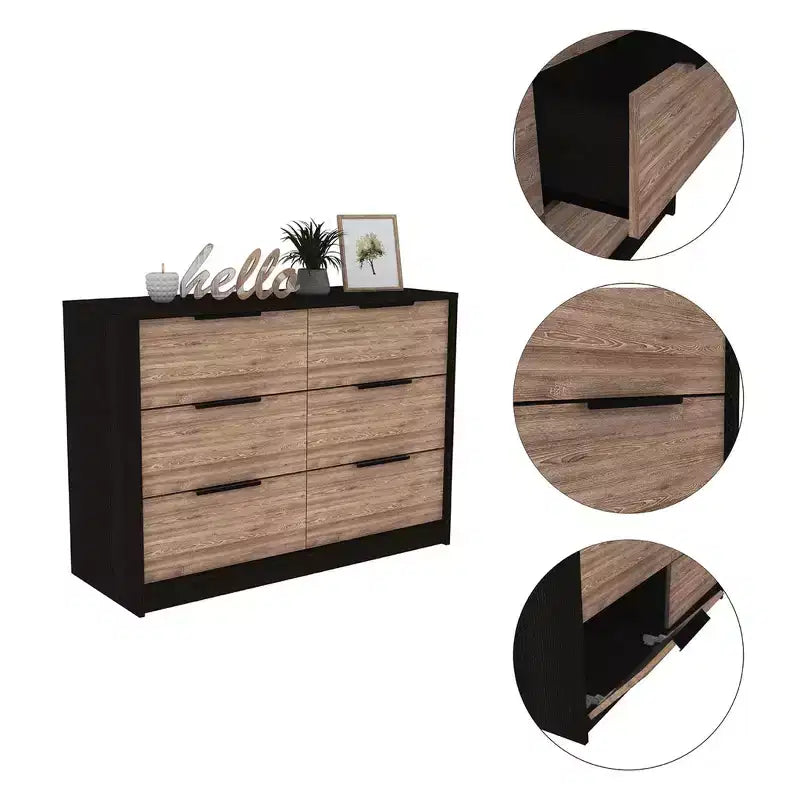 Modern 6-Drawer Dresser 2-Tone Storage with 4 Full-Extension Drawers & 2 Pull-Down Cabinets, Rectangle Bedroom Organizer