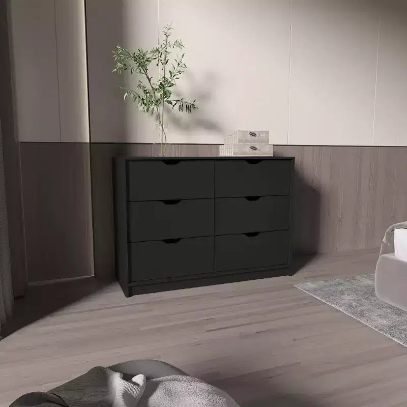 Modern 6-Drawer Dresser 2-Tone Storage with 4 Full-Extension Drawers & 2 Pull-Down Cabinets, Rectangle Bedroom Organizer