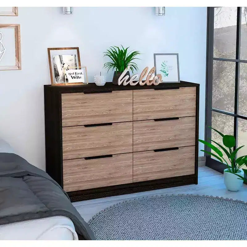 Modern 6-Drawer Dresser 2-Tone Storage with 4 Full-Extension Drawers & 2 Pull-Down Cabinets, Rectangle Bedroom Organizer