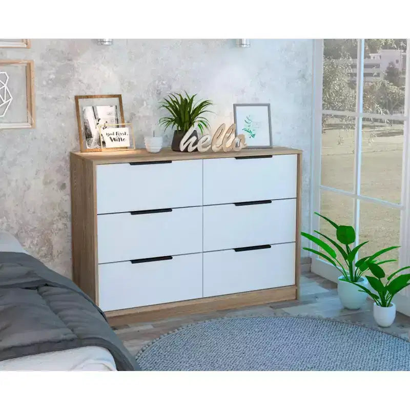 Okak Modern 6-Drawer Dresser 2-Tone Storage with 4 Full-Extension Drawers & 2 Pull-Down Cabinets, Rectangle Bedroom Organizer