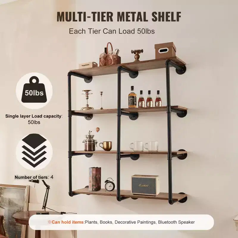Industrial Pipe Shelf, 4 Tier 3PCS, 11.8in Applicable Board Width Wall-Mount Floating Rustic Wood Shelves Bracket Bookshelf, Black