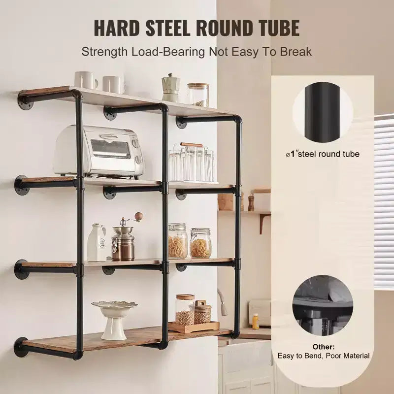 Industrial Pipe Shelf, 4 Tier 3PCS, 11.8in Applicable Board Width Wall-Mount Floating Rustic Wood Shelves Bracket Bookshelf, Black