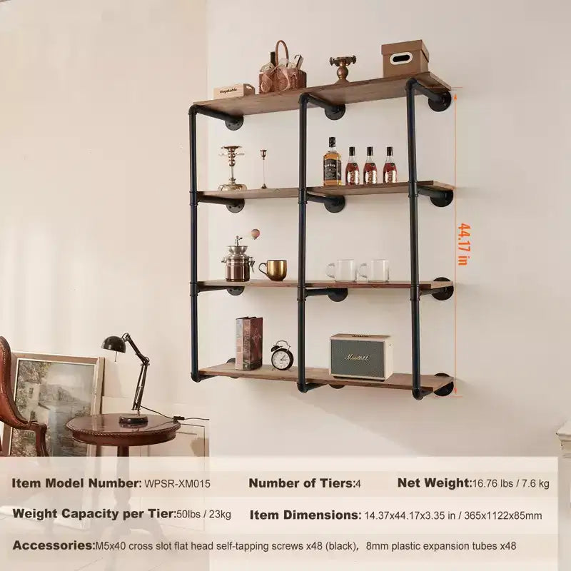 Industrial Pipe Shelf, 4 Tier 3PCS, 11.8in Applicable Board Width Wall-Mount Floating Rustic Wood Shelves Bracket Bookshelf, Black