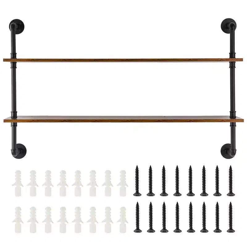 VEVOR Industrial Pipe Shelf, 2 Tier 48x 9.84in, Wall-Mount Floating Rustic Wood Shelves Bracket Display Bookshelf, Black